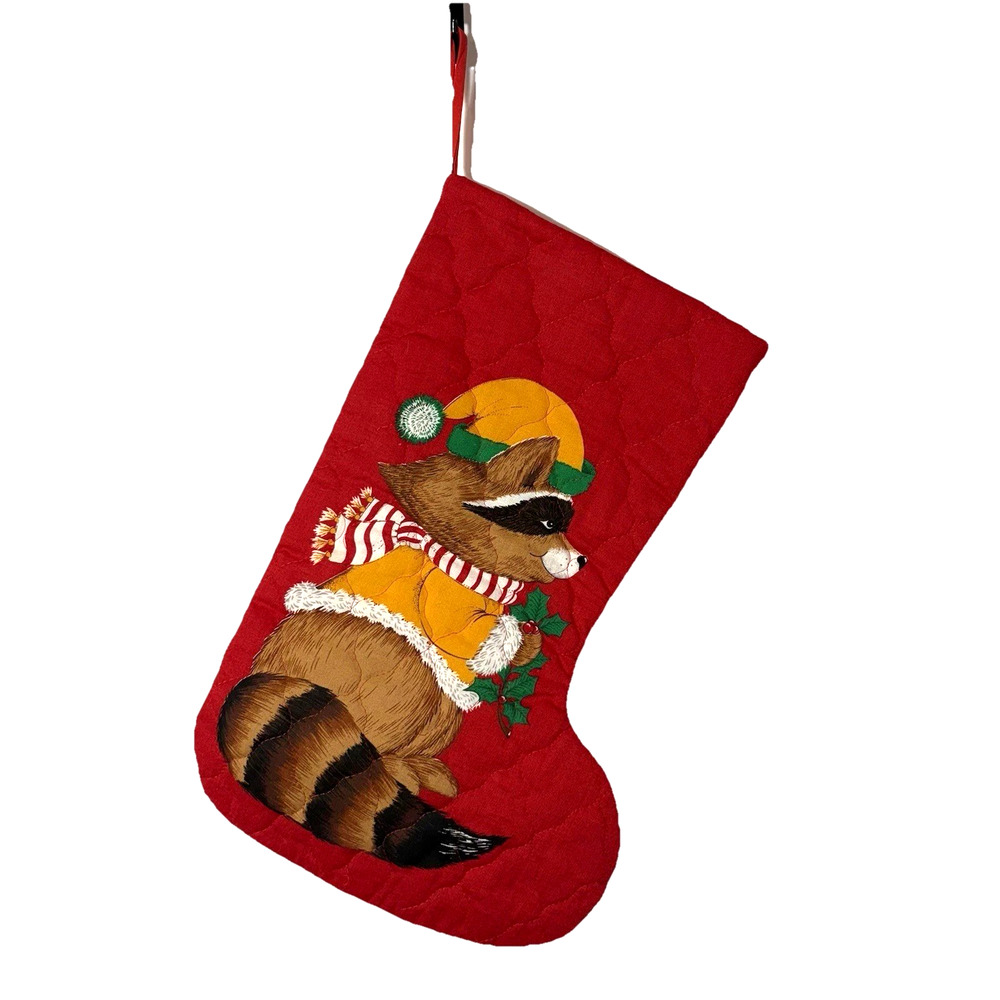 Cranston VIP Santa And The Christmas Ark Stockings Raccoon Quilted Completed VTG